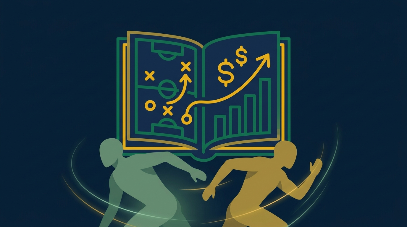 A sports playbook turning X's and O's into dollar signs and a rising chart